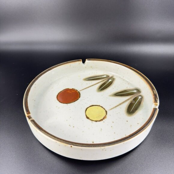 Vintage Japanese Pottery Round Speckled Ashtray Dish Bowl Abstract Flowers Vtg - Picture 12 of 15